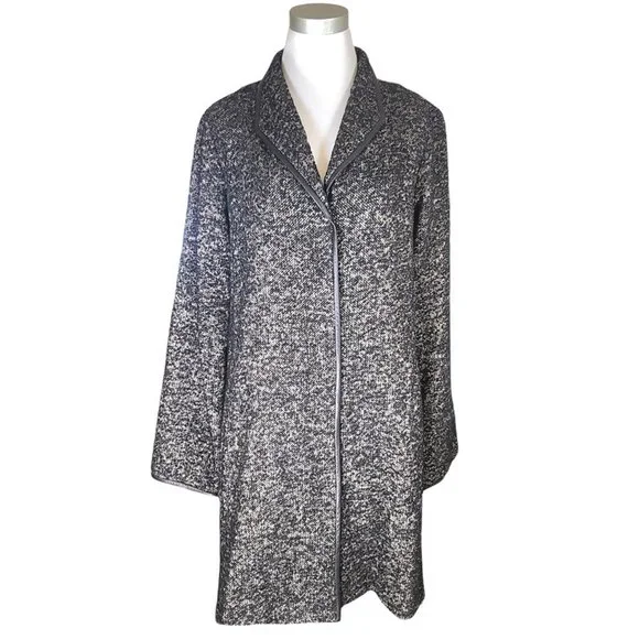 ⚜️ EILEEN FISHER ⚜️ sz L black tweed & leather lighter coat jacket transitional - Picture 3 of 11